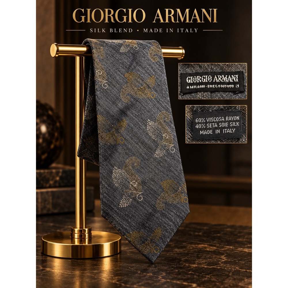 Giorgio Armani Mens Silk Blend Tie Handmade Italy Grey Gold Abstract Paisley